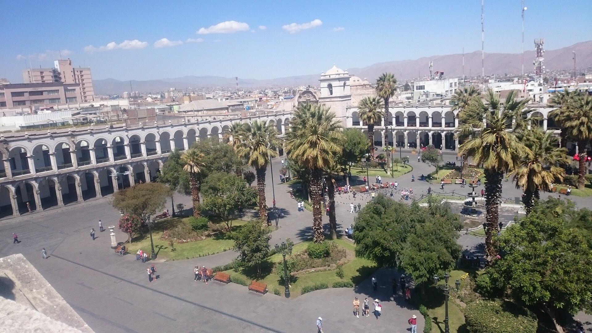 Arequipa’s Plaza de Armas with arcades, cathedral towers and white-stone buildings