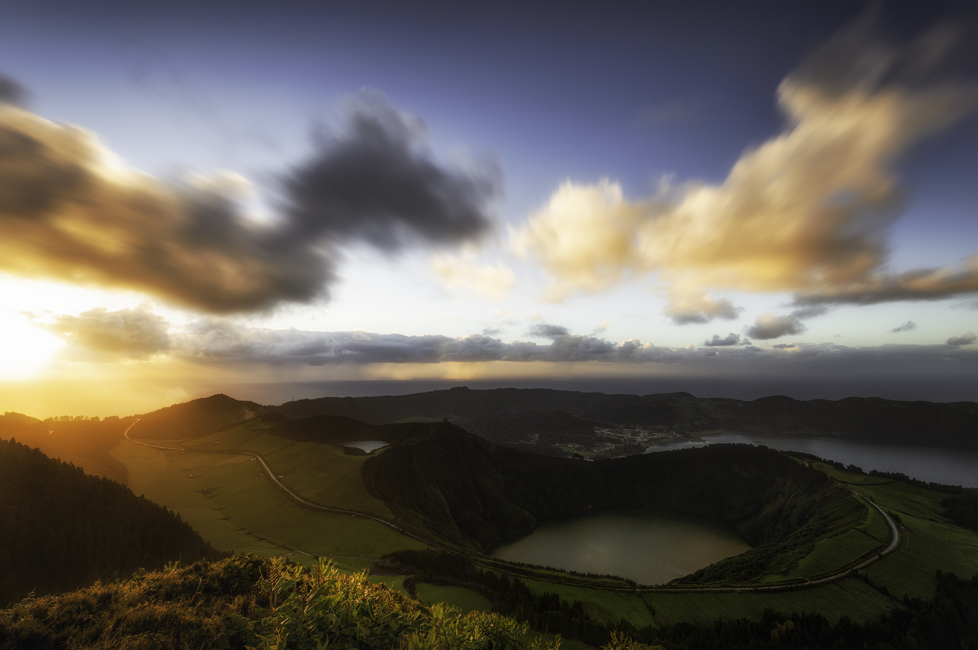 Sete Cidades volcanic lakes and ridges seen from Boca do Inferno viewpoint on São Miguel