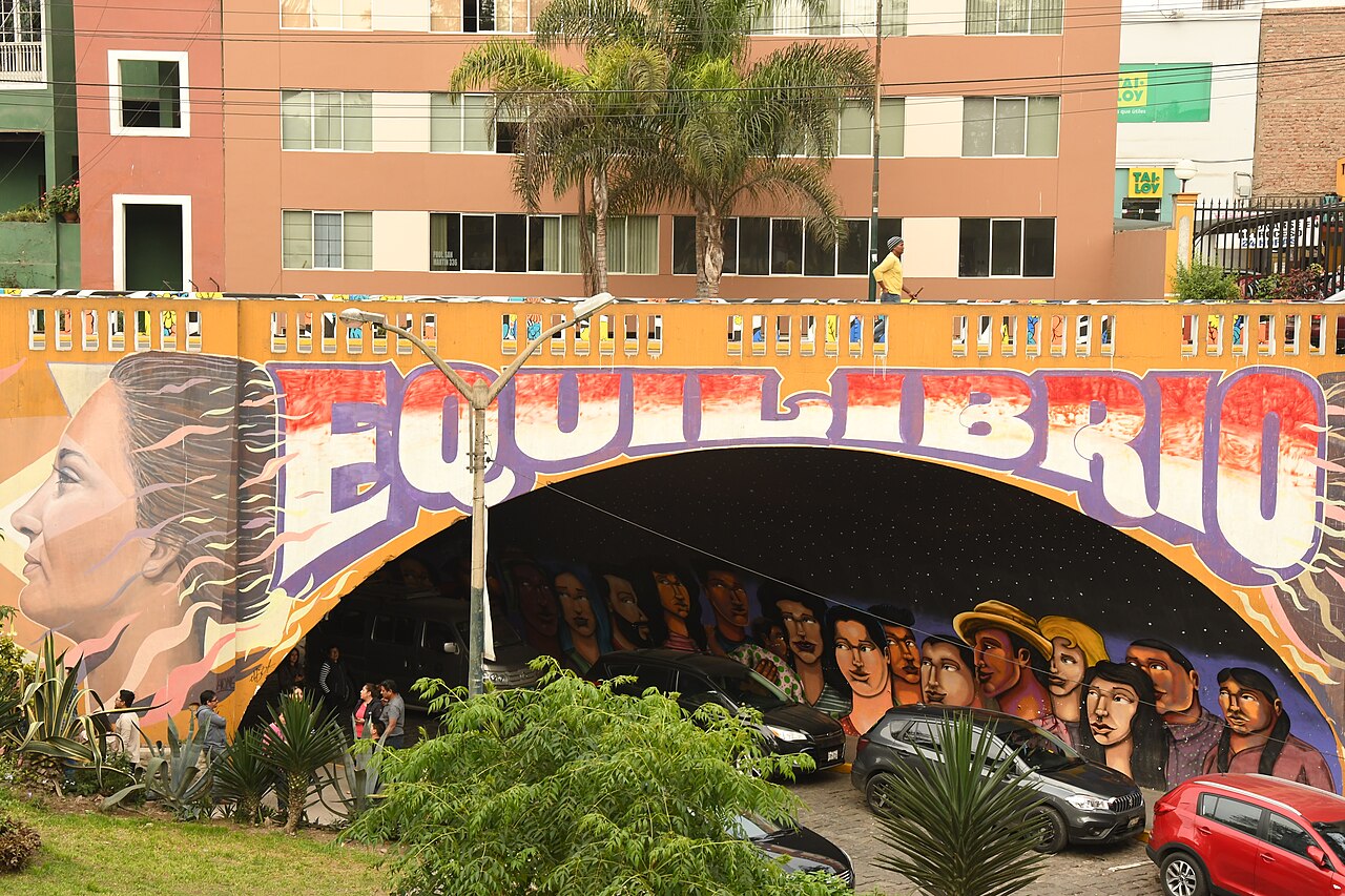 Mural-covered bridge over the entrance to Bajada de los Baños in Lima’s Barranco district.
