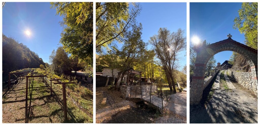 Collage of vines and autumn trees, a small bridge beside the winery and the stone entrance to the nearby monastery.