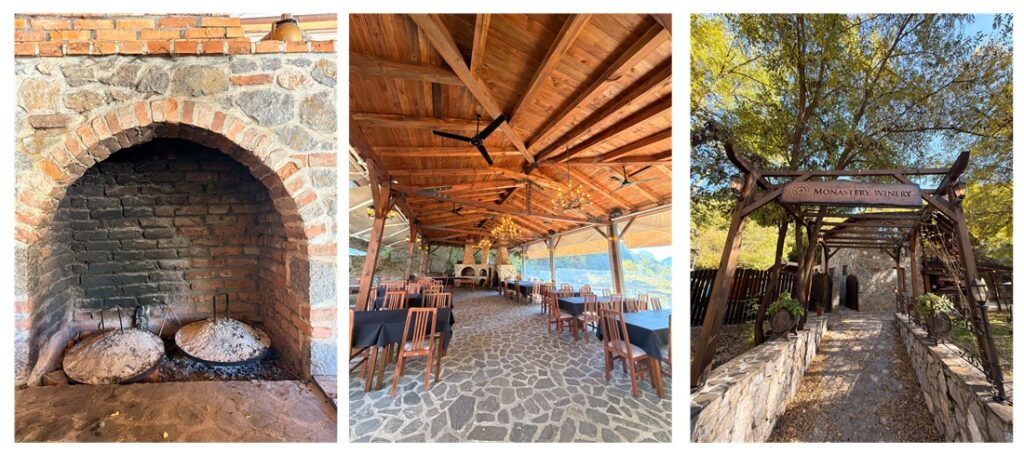 Collage showing dishes beneath domed cooking lids at a brick hearth, the covered dining terrace and the winery entrance.