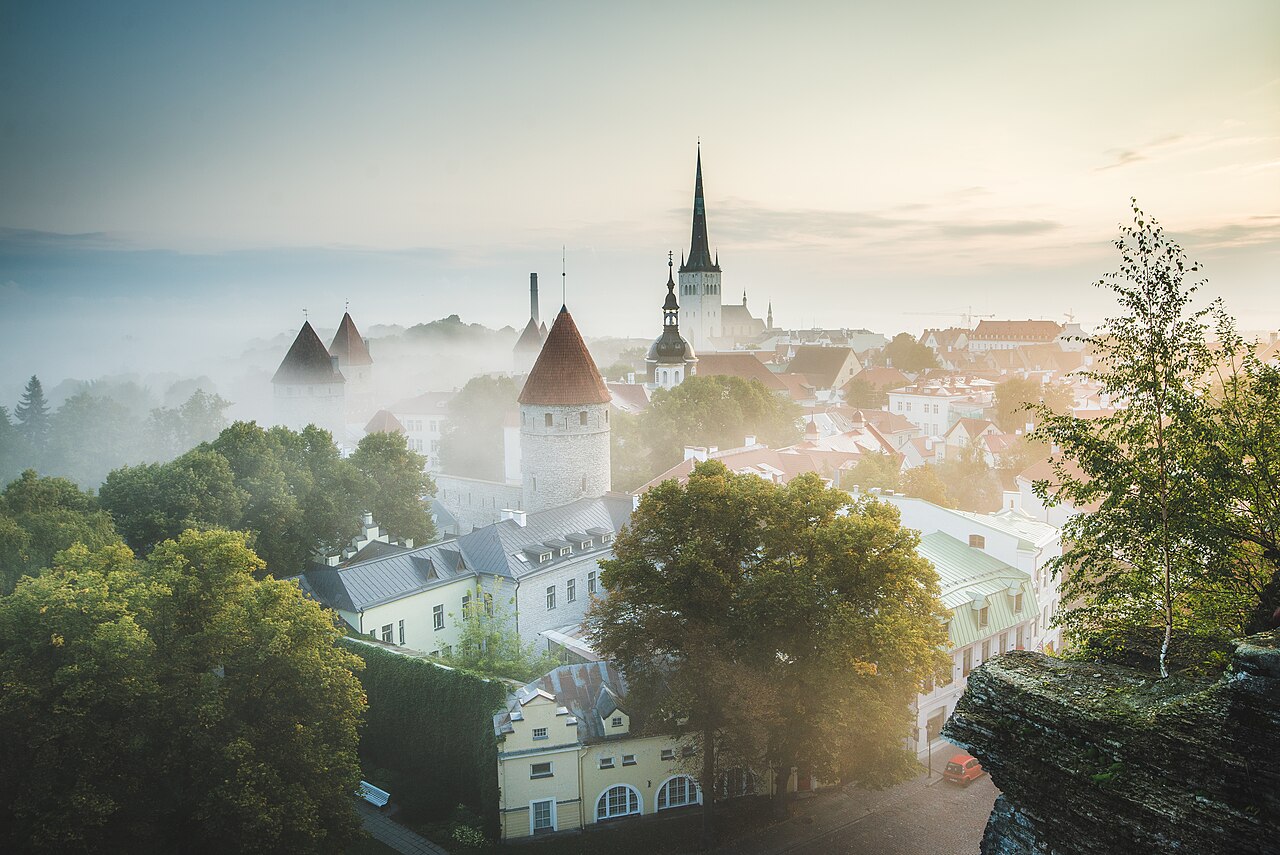 Tallinn's red roofs, stone wall towers and church spire in misty dawn light, seen from Patkuli.