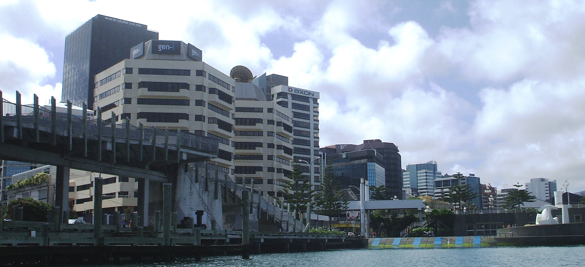 Wellington waterfront buildings and walkways beside the lagoon, viewed from Frank Kitts Park.